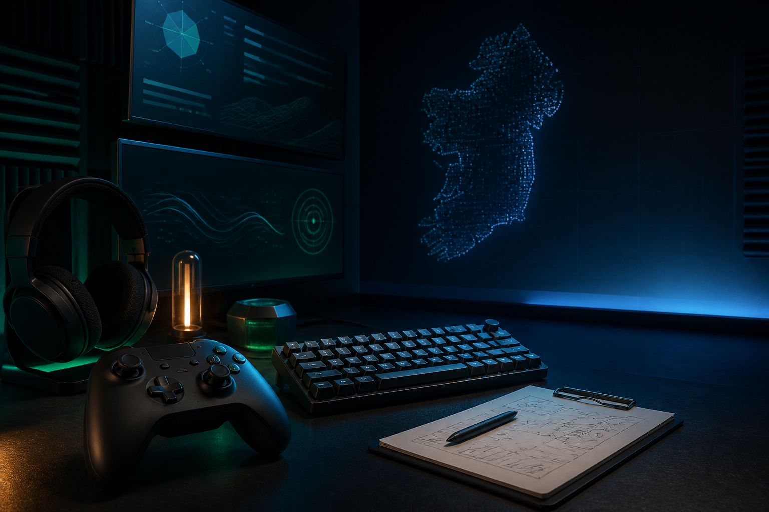A dark gaming review studio with a glowing map of Ireland